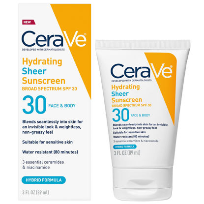 Picture of CeraVe Hydrating Sheer Sunscreen SPF 30 for Face and Body | Mineral Sunscreen & Chemical Sunscreen with Zinc Oxide, Hyaluronic Acid, Niacinamides and Ceramides| Paraben Free Fragrance Free | 3 Ounces