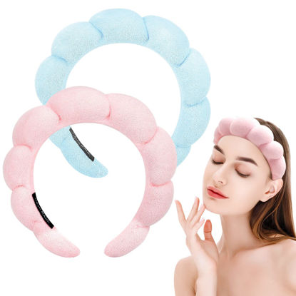 Picture of Zkptops Spa Headband for Washing Face Sponge Makeup Skincare Headband Bubble Hairband for Women Girls Fashion Headband Mother’s Day Gift Puffy Headwear Non Slip Thick Thin Hair Accessory(Pink/Blue)