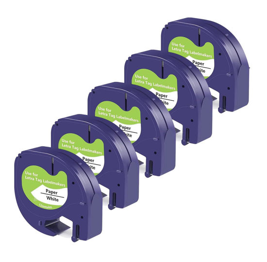 Picture of 5 Pack Compatible Label Tape Replacement for Dymo Letratag Refills Paper 91330 10697, Black on White Label Maker Refills for DYMO LetraTag LT-100H LT-100T QX50 Printer, 1/2 Inch x 13 Feet