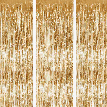 Picture of Tayuvira Gold Metallic Tinsel Foil Fringe Curtain, 3 Pcs 3.3ft x6.6ft Photo Booth Backdrop Streamer Curtains&Photo Booth Props, Party Decorations for Bachelorette Graduation Wedding Birthday (Gold)