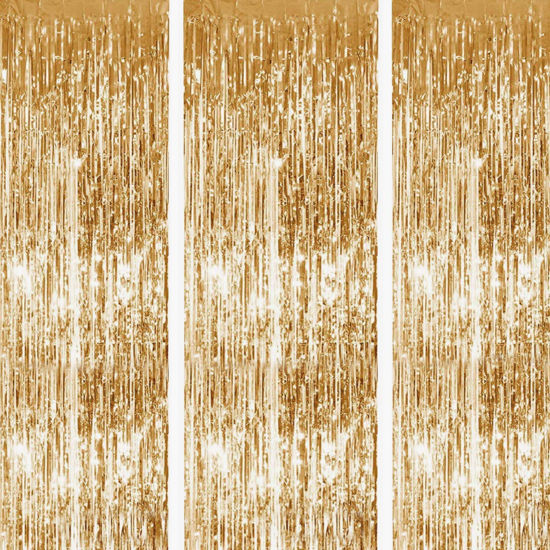Picture of Tayuvira Gold Metallic Tinsel Foil Fringe Curtain, 3 Pcs 3.3ft x6.6ft Photo Booth Backdrop Streamer Curtains&Photo Booth Props, Party Decorations for Bachelorette Graduation Wedding Birthday (Gold)