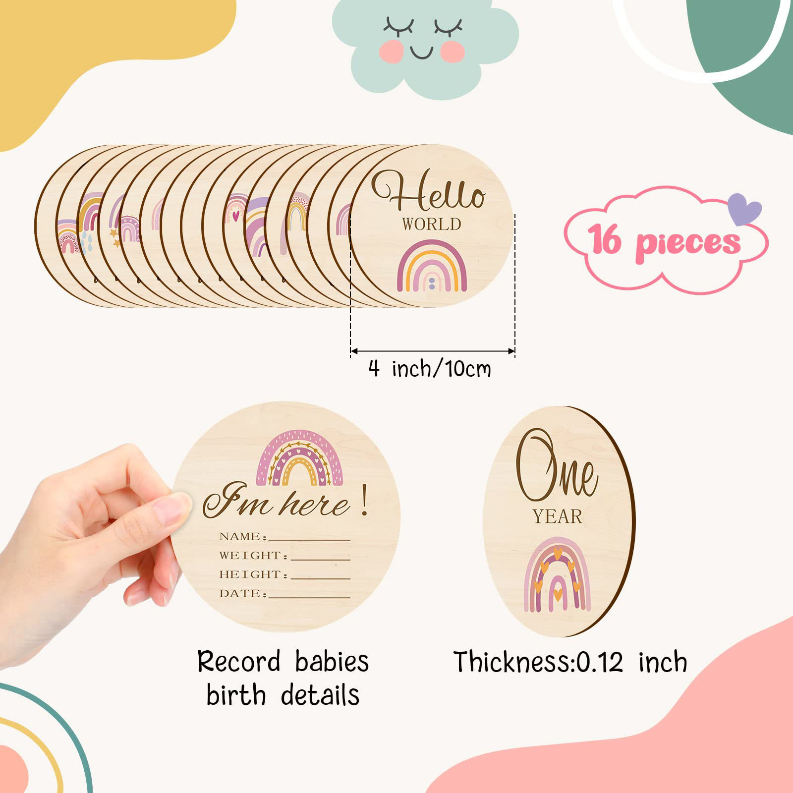 GetUSCart- 16 Pieces Wooden Baby Monthly Milestone Cards Boho Baby ...
