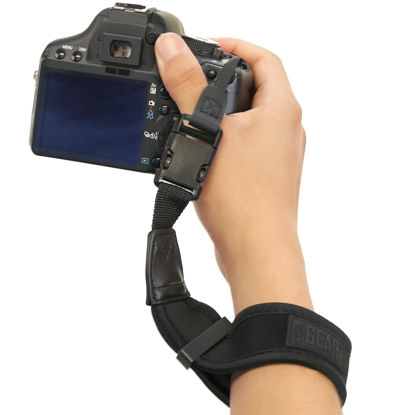 Picture of USA Gear Camera Wrist Strap with Padded Neoprene Design, Comfortable Support and Quick Release Buckles - Compatible with Canon, Fujifilm, Nikon, Sony and More Mirrorless Camera Hand Strap (Black)