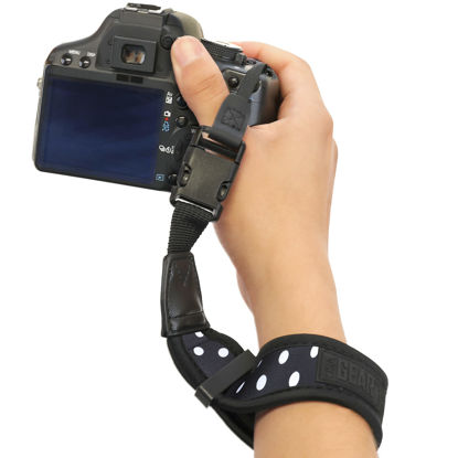 Picture of USA Gear Camera Wrist Strap with Padded Neoprene Design, Comfortable Support and Quick Release Buckles - Compatible with Canon, Fujifilm, Nikon, Sony and More Mirrorless Camera Hand Strap (Polka Dot)