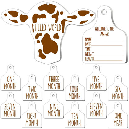 Picture of Maitys 14 Pieces Cow Baby Monthly Milestone Cards Rustic Wooden Ornament Herd Signs Cattle Newborn Photography Props to Record Your Baby's Growth, Gift for Pregnancy and Baby Shower (White)