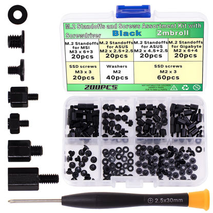 Picture of Zmbroll 200Pcs M.2 Screw Kit,Black M2 SSD Mounting Screws,NVMe Screw for Laptops,m.2 Standoff and Screw for Asus Gigabyte MSI Motherboards Screw with Screwdriver