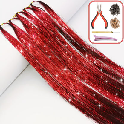 Picture of Hair Tinsel Kit with Tools and Instruction Easy to Use 1000 Strands 47 Inches Glitter Tinsel Hair Extensions for Women and Girls, Sparkling Shinny Fairy Hair Accessories for Christmas New Year Halloween Cosplay Party (RED)