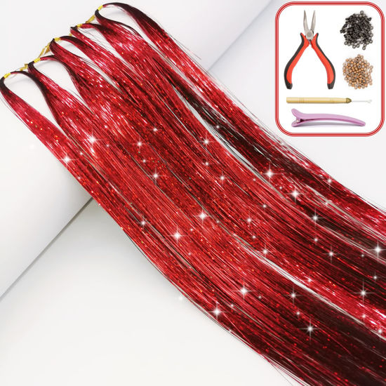 Picture of Hair Tinsel Kit with Tools and Instruction Easy to Use 1000 Strands 47 Inches Glitter Tinsel Hair Extensions for Women and Girls, Sparkling Shinny Fairy Hair Accessories for Christmas New Year Halloween Cosplay Party (RED)