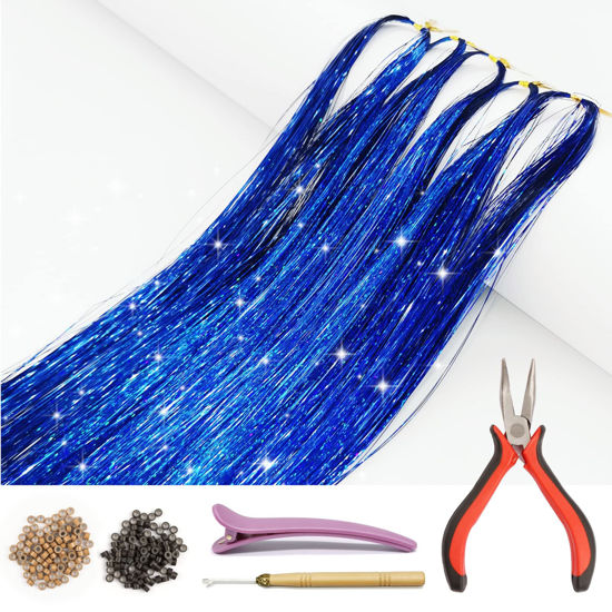 Picture of Hair Tinsel Kit with Tools and Instruction Easy to Use 1000 Strands 47 Inches Glitter Tinsel Hair Extensions for Women and Girls, Sparkling Shinny Fairy Hair Accessories for Christmas New Year Halloween Cosplay Party (Sapphire-Blue)