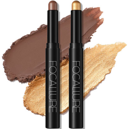 Picture of FOCALLURE 2 Pcs Shimmer Cream Eyeshadow Stick,Brightener Eyeshadow Pencil Crayon,Highlighter Eye Shadow Stick Sets with Crease-proof Formula,Long Lasting Waterproof Eye Shadow Make Up,Fancy Tabac