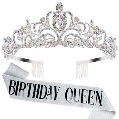 Picture of "Birthday Queen" Sash & Crystal Tiara Kit COCIDE Birthday Silver Tiara and Crowns for Women Birthday Sash for Girls Birthday Decorations Set Rhinestone Headband Hair Accessories Glitter Sash for Party