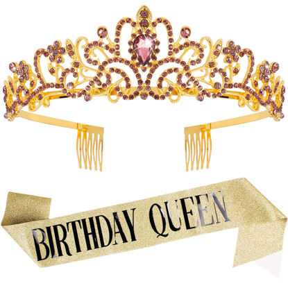 Picture of "Birthday Queen" Sash & Crystal Tiara Kit COCIDE Birthday Gold Purple Tiara and Crowns for Women Birthday Sash for Girls Birthday Decorations Set Rhinestone Headband Hair Accessories Glitter Sash for Party