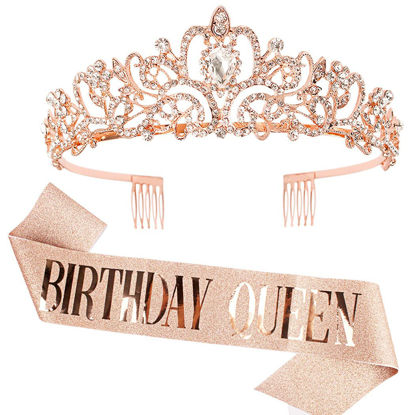 Picture of COCIDE Queen Sash & Rhinestone Tiara Set Rose Gold for Women Birthday Decoration Kit Rhinestone Headband for Girl Glitter Crystal Hair Accessories for Party