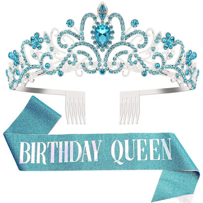 Picture of "Birthday Queen" Sash & Crystal Tiara Kit COCIDE Birthday Silver Tiara and Crowns for Women Sash for Girls Blue Birthday Decorations Set Rhinestone Headband Hair Accessories Glitter Sash for Party