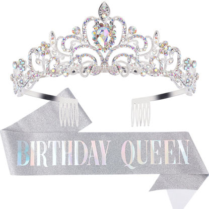 Picture of "Birthday Queen" Sash & Crystal Tiara Kit COCIDE Birthday Silver Tiara and Crowns for Women Birthday Sash for Girls Birthday Decorations Set Rhinestone Headband Hair Accessories Glitter Sash for Party (9 Silver Sash)