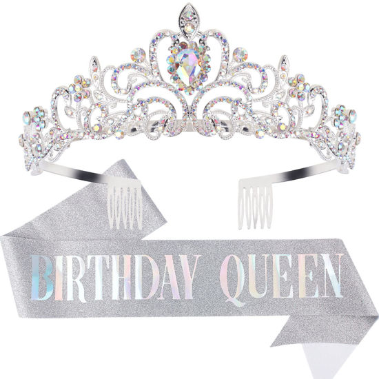 Picture of "Birthday Queen" Sash & Crystal Tiara Kit COCIDE Birthday Silver Tiara and Crowns for Women Birthday Sash for Girls Birthday Decorations Set Rhinestone Headband Hair Accessories Glitter Sash for Party (9 Silver Sash)