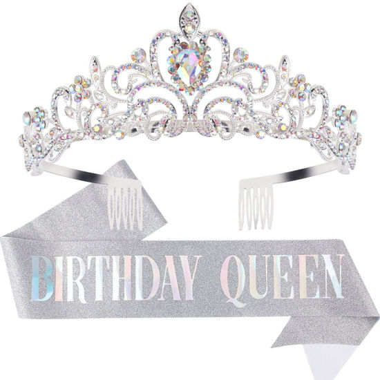 Picture of "Birthday Queen" Sash & Crystal Tiara Kit COCIDE Birthday Silver Tiara and Crowns for Women Birthday Sash for Girls Birthday Decorations Set Rhinestone Headband Hair Accessories Glitter Sash for Party (9 Silver Sash)
