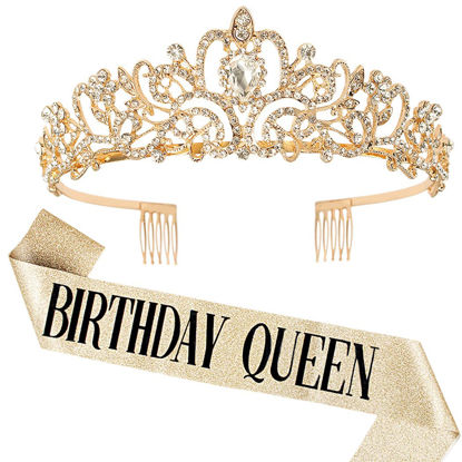 Picture of COCIDE Birthday Queen Sash & Rhinestone Tiara Set Silver Birthday Sash and Tiara for Women Birthday Decoration Kit Rhinestone Headband for Girl Glitter Crystal Hair Accessories for Party Cake Topper
