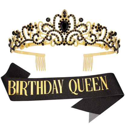 Picture of COCIDE "Birthday Queen" Sash and Crystal Tiara Set Tiara and Crowns for Women Birthday Gift for Girl Kit Decorations Set Rhinestone Hair Accessories Glitter Stain Silk Sash for Party (A Black)
