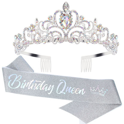 Picture of COCIDE "Birthday Queen" Sash and Crystal Tiara Set Tiara and Crowns for Women Birthday Gift for Girl Kit Decorations Set Rhinestone Hair Accessories Glitter Stain Silk Sash for Party