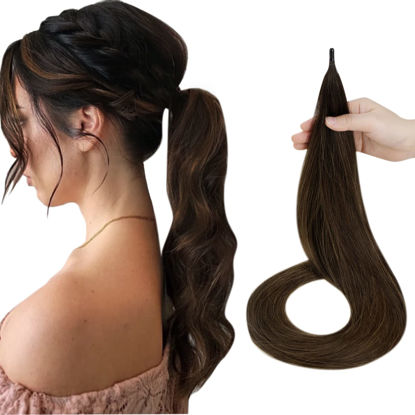 Picture of 【New Arrival】LAAVOO Brown Ombre Ponytail Extensions Human Hair 32inch Clip in Wrap Around Ponytail Extension 100g Balayage Darkest Brown Fading to Light Brown One Piece Pony Tail Hair Extensions Long Straight