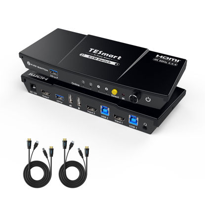 Picture of TESmart USB 3.0 HDMI KVM Switch 1 Monitor 2 Computers 4K@60Hz, Headset, Audio&Microphone, KVM Switch 2 Port EDID Emulators, L/R Audio, Hotkey Switch, Button Switch with Remote Switch and All Cables