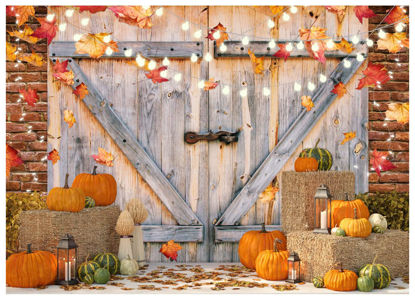 Picture of AIIKES 7X5FT Fall Thanksgiving Backdrop Autumn Pumpkin Harvest Barn Door Photography Backdrop Light Post Maple Leaves Haystack Thanksgiving Party Decorations Photo Studio Prop 12-457
