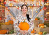 Picture of AIIKES 7X5FT Fall Thanksgiving Backdrop Autumn Pumpkin Harvest Barn Door Photography Backdrop Light Post Maple Leaves Haystack Thanksgiving Party Decorations Photo Studio Prop 12-457