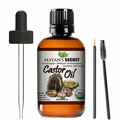 Picture of Mayan's Secret - 4oz Pure Castor Oil Organic Cold Pressed Unrefined Glass Bottle- Moisturizing & Healing, For Dry Skin, Hair Growth, Eyelashes