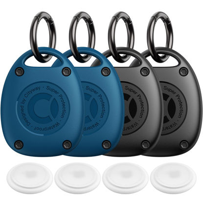 Picture of (4 Pack) AirTag Keychain Holder Case | IPX8 Waterproof, Ultra-Compact | Portable Air Tag Holder Cover for Dog Collar, Backpack, Keys, Luggage - 2 Black/2 Blue