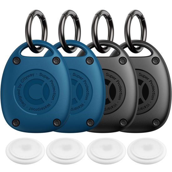 Picture of (4 Pack) AirTag Keychain Holder Case | IPX8 Waterproof, Ultra-Compact | Portable Air Tag Holder Cover for Dog Collar, Backpack, Keys, Luggage - 2 Black/2 Blue