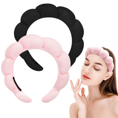 Picture of Zkptops Spa Headband for Washing Face Sponge Makeup Skincare Headband Bubble Hairband for Women Girls Fashion Headband Mother’s Day Gift Puffy Headwear Non Slip Thick Thin Hair Accessory(Pink/Black)