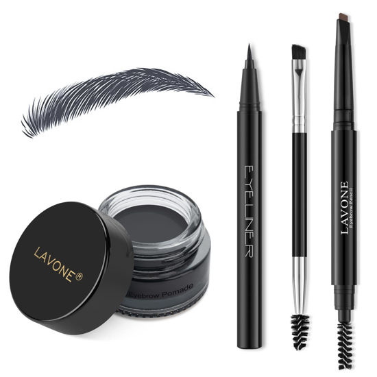 Picture of Eyebrow Stamp Pencil Kit for Eyebrows, Makeup Brow Stamp Trio Kit with Waterproof Eyebrow Pencil, Eyeliner, Eyebrow Pomade, and Dual-ended Eyebrow Brush - Ash Black
