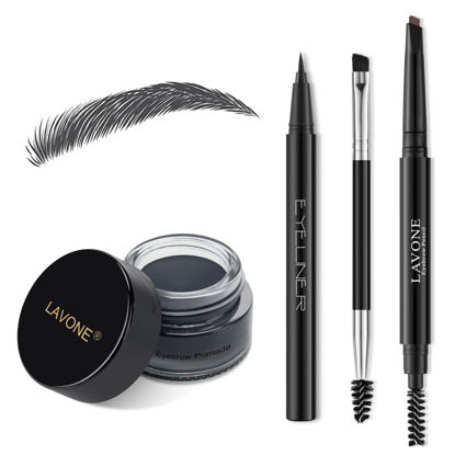 Picture of Eyebrow Stamp Pencil Kit for Eyebrows, Makeup Brow Stamp Trio Kit with Waterproof Eyebrow Pencil, Eyeliner, Eyebrow Pomade, and Dual-ended Eyebrow Brush - Dark Black