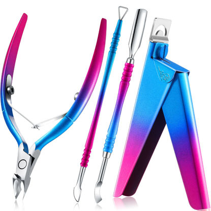 Picture of Nail Clippers for Acrylic Nails, Acrylic Nail Clipper, Nail Cutter, False Nail Tips Clipper Set, Stainless Steel Rainbow Color Nail Manicure Set for Salon Home Nail Art (Deep Gradient Pink Blue)