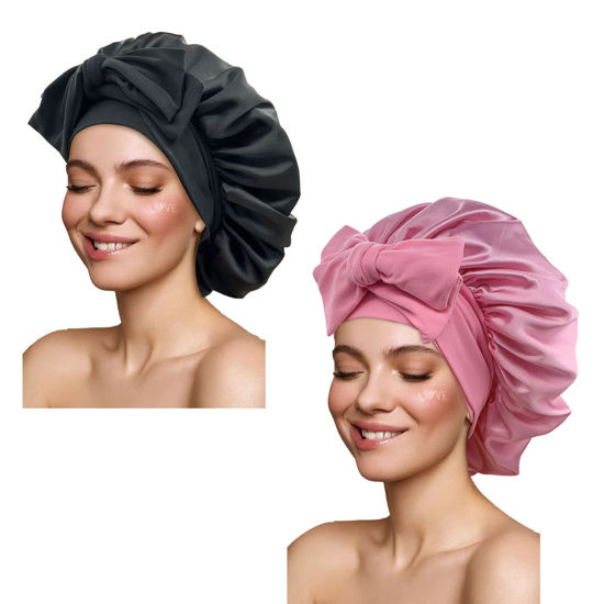 2PCS Large Satin Silk Hair Bonnet for Sleeping,Elastic Wide Band Bonnets  for Black Women Braids,Silk Hair Wrap Night Sleep Caps for Women Curly and