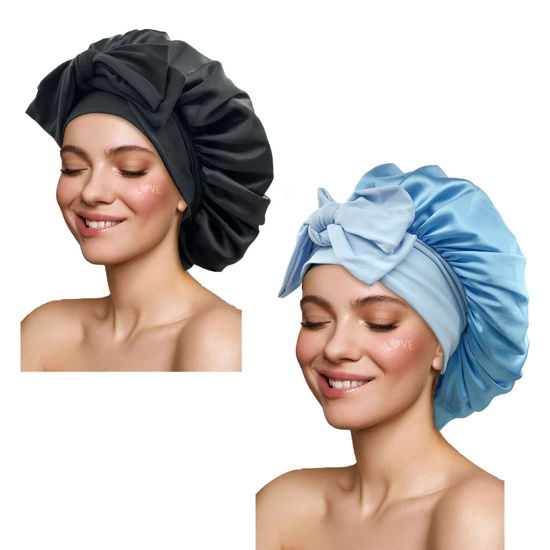 2pcs Large Satin Bonnet,silk Bonnet Hair Wrap For Sleeping, Sleep Cap With  Elastic Soft Band (black, Royal Blue)