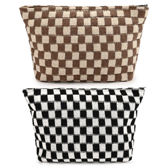 GetUSCart- SOIDRAM 2 Pieces Makeup Bag Large Checkered Cosmetic Bag Brown  Black Capacity Canvas Travel Toiletry Bag Organizer Cute Makeup Brushes  Aesthetic Accessories Storage Bag for Women