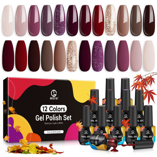 Picture of MEFA Gel Nail Polish Set, 12 Colors Fall Winter Gel Polish Burgundy Purple Champagne Gold Glitter Nail Polish Gel Dark Red Purple Shimmer Brown Soak Off Nail Gel Polish Gifts for Women DIY Salon Home