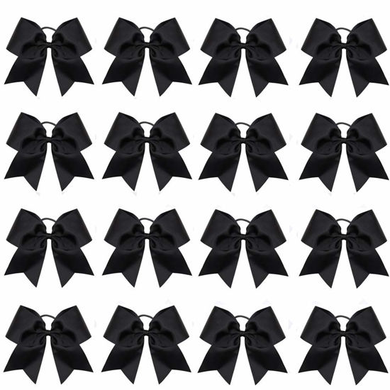 Picture of 16PCS 8" Large Cheer Hair Bows Ponytail Holder Elastic Band Handmade for Cheerleading Teen Girls College Sports (16 Pcs Black)