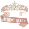 Picture of "Birthday Queen" Sash & Crystal Tiara Kit COCIDE Birthday Silver Tiara and Crowns for Women Birthday Sash for Girls Birthday Decorations Set Rhinestone Headband Hair Accessories Glitter Sash for Party (Aurora Borealis Rose Gold Tiara + Rose Gold Sas