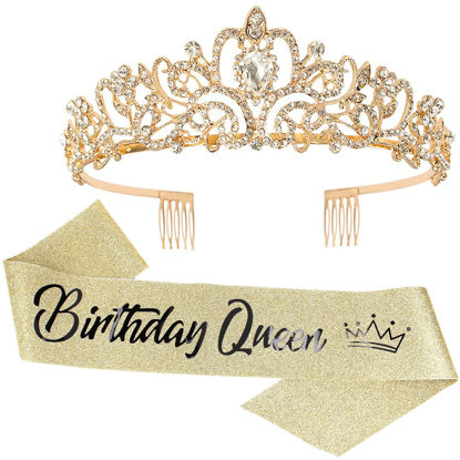 Picture of COCIDE "Birthday Queen" Sash and Crystal Tiara Set Tiara and Crowns for Women Birthday Gift for Girl Kit Decorations Set Rhinestone Hair Accessories Glitter Stain Silk Sash for Party