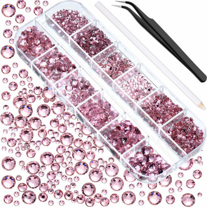 Picture of 2000 Pieces Flat Back Gems Rhinestones 6 Sizes (1.5-6 Mm) Round Crystal Rhinestones with Pick up Tweezer and Rhinestones Picking Pen for Crafts Nail Clothes Shoes Bags DIY Art (Pink)