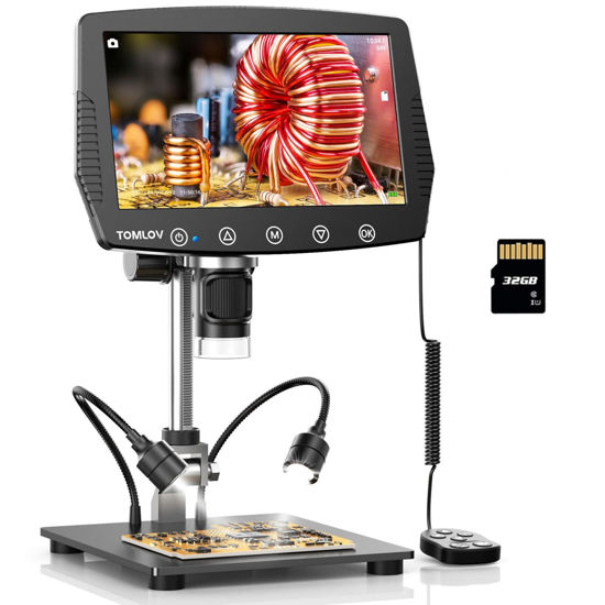 Picture of TOMLOV DM04 9" LCD Digital Microscope 1200X, 16MP Measurement & Coin Microscope with 10" Long Stand, Rechargeable Light, Touch Button, 1080P Soldering Microscope, Windows/Mac OS Compatible