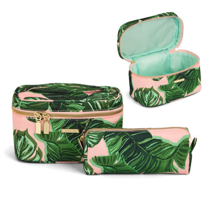 Picture of Conair Travel Makeup Bag, Large Toiletry and Cosmetic Bag, Perfect Size for Use At Home or Travel, Two Piece Train Case Set in Pink Palm Print