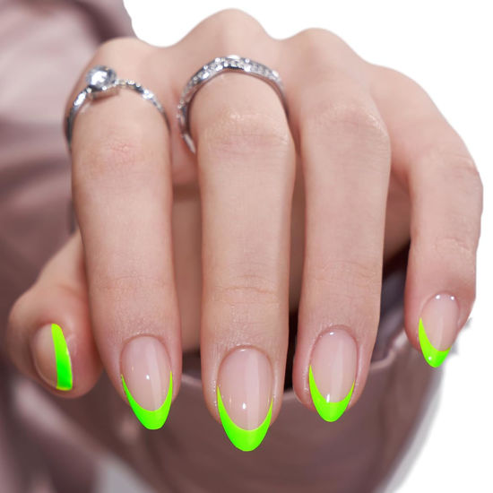 Neon Fake Nails Nude French Nail Extra Long Ballerina Green V Shape Faux  Ongles with Adhesive Glue Sticker 24 - AliExpress