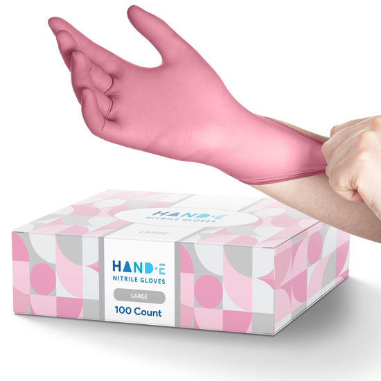 Picture of Hand-E Touch Pink Nitrile Disposable Gloves Large, 100 Count - Esthetician, Nail Tech, Microblading, Hair Dye & Stylist, Salon, Cleaning Gloves - Latex Free Gloves