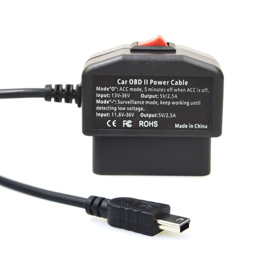 Picture of Universal OBD OBD2 Power Cable for Dash Camera 24 Hours Surveillance/Acc Mode with Switch Button, 3Pin OBDII Adapter Hardwire Charger Cable 12-26V to 5V 2.5A(Mini USB Straight Port) (1, Black)