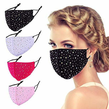 Picture of Glitter Rhinestone Face Mask Bling Cotton Sparkly Adults Women Black Cute Reusable Designer Cubre Bocas Washable White Pink Blue Cloth Fashion Masquerade Adjustable Mascarillas Tapabocas Skin Care