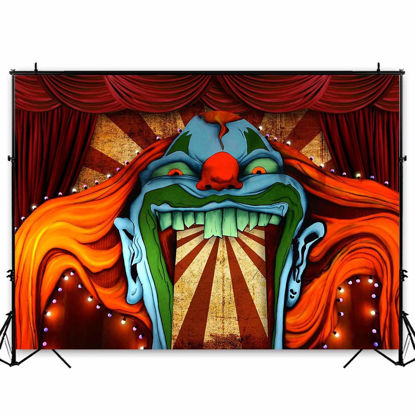Picture of Funnytree 7x5ft Horror Circus Theme Halloween Backdrop for Photography Giant Evil Clown Hallomas Birthday Party Background Scary Grove Vampire Baby Cake Table Decor Banner Photobooth Studio Props